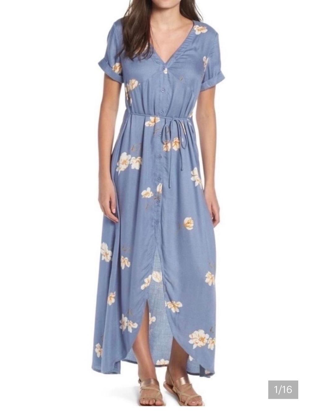 Volcom Blue Floral Maxi Dress Button Front Tie Waist Boho Beach Coastal Flowy